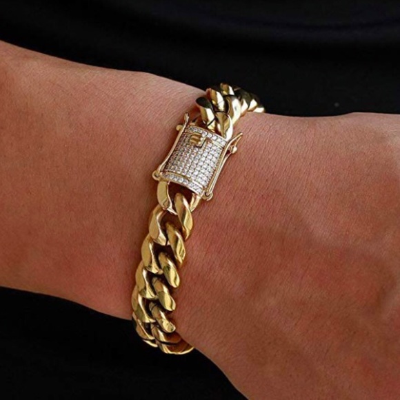 18kt GOLD PLATED STEEL ICED LOCK CUBAN BRACELET - Picture 2 of 4